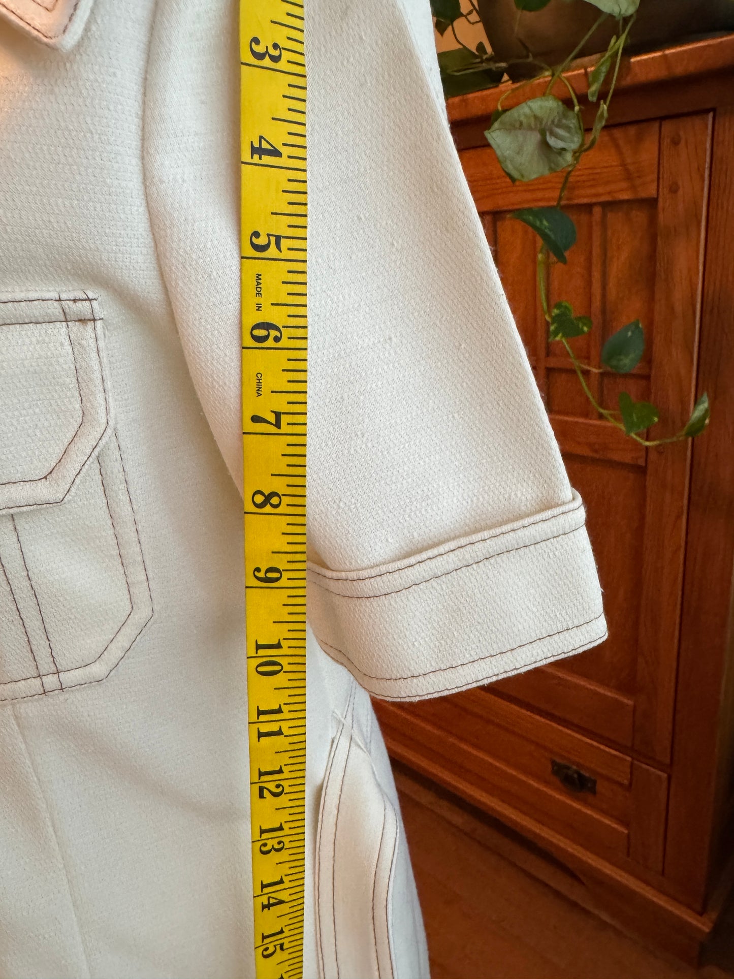Vintage Act III Vintage Off-White Safari Jacket & Wide Leg Pants Set, Union Made, Belted, 5 Buttons, Chest Pockets, Polyester, 1970s