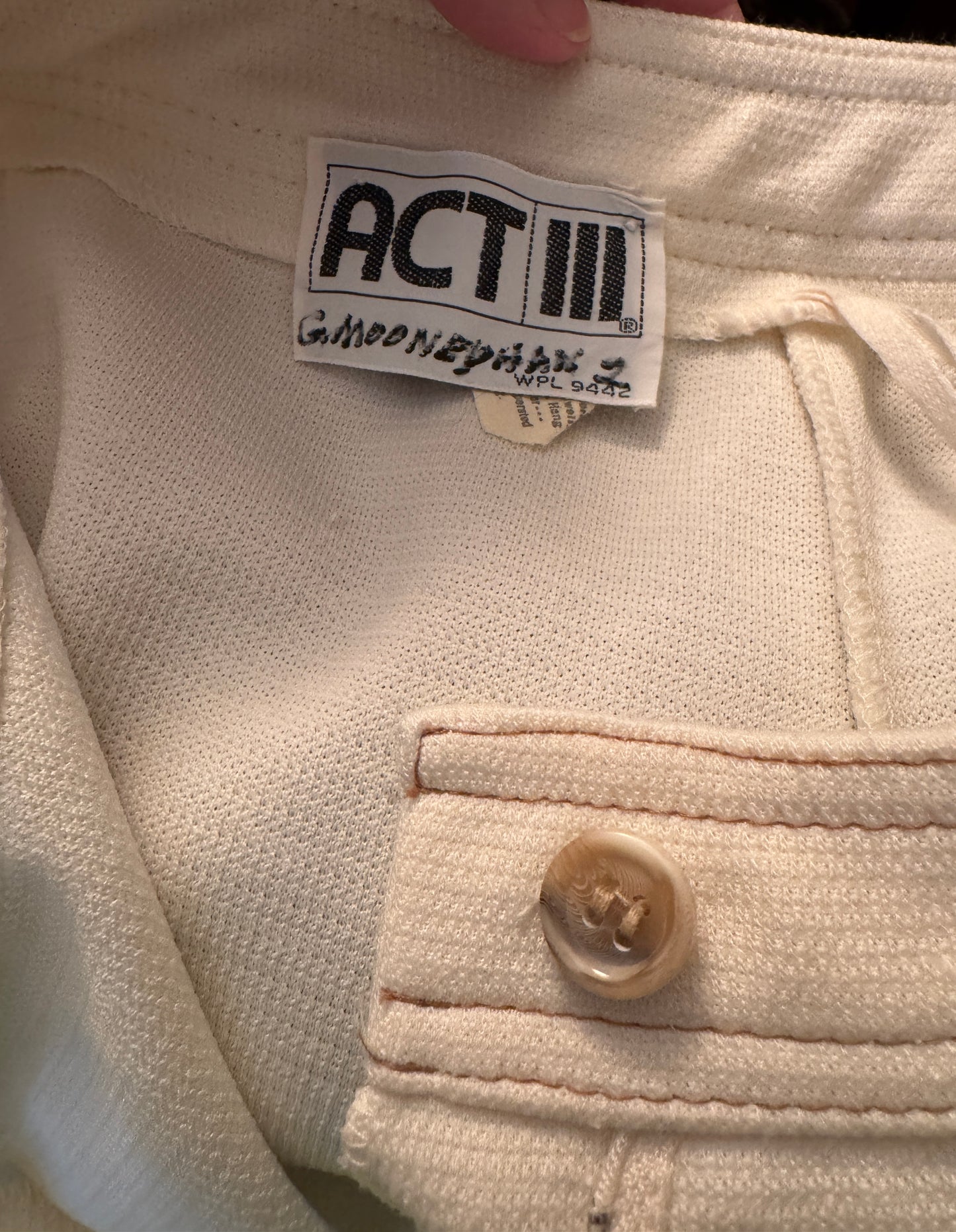 Vintage Act III Vintage Off-White Safari Jacket & Wide Leg Pants Set, Union Made, Belted, 5 Buttons, Chest Pockets, Polyester, 1970s