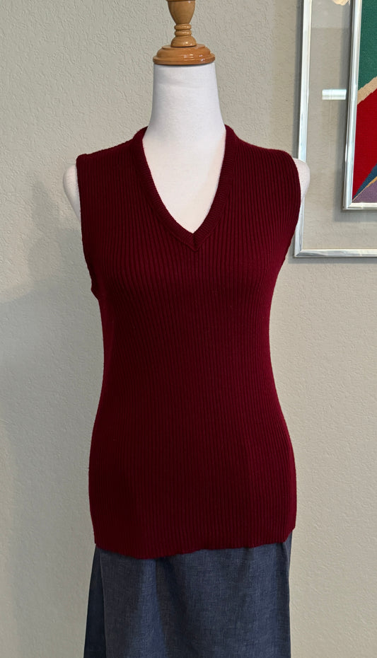 Maroon V-Neck Sleeveless Ribbed Sweater