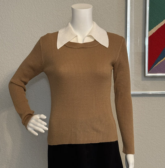 Kimlon Brown Long Sleeve Ribbed Sweater with Off-White Collar