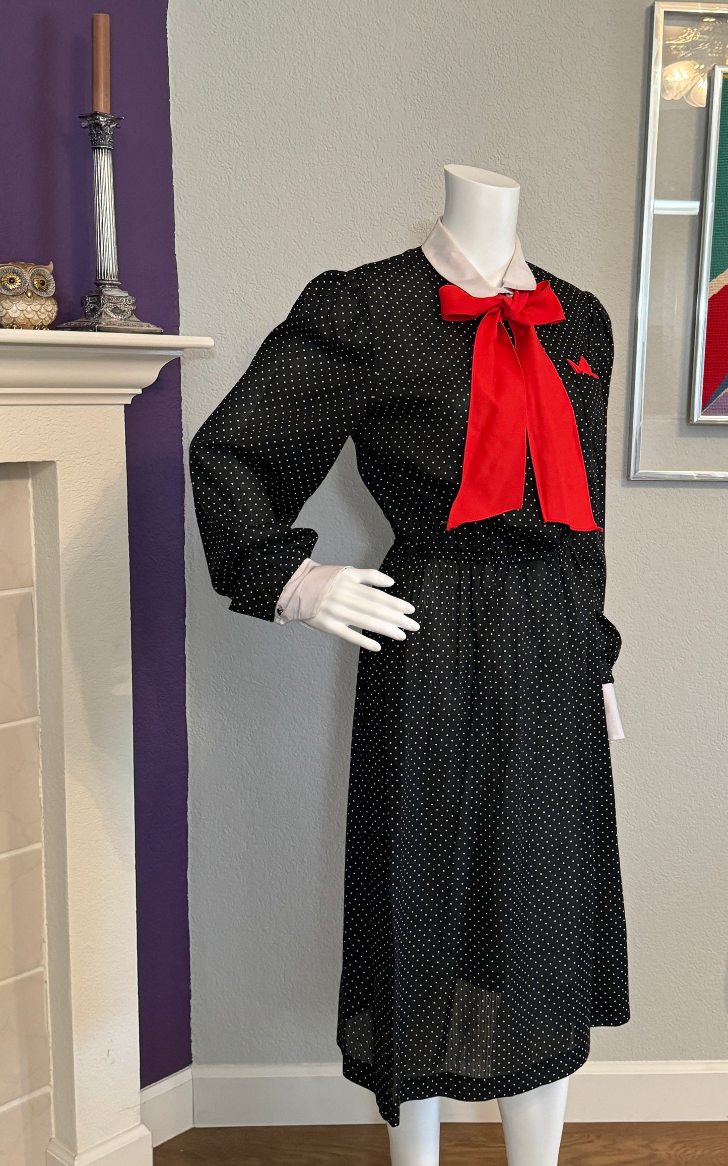 Alison Peters Black & White Polka Dot Dress with Red Accent, Vintage 1970s