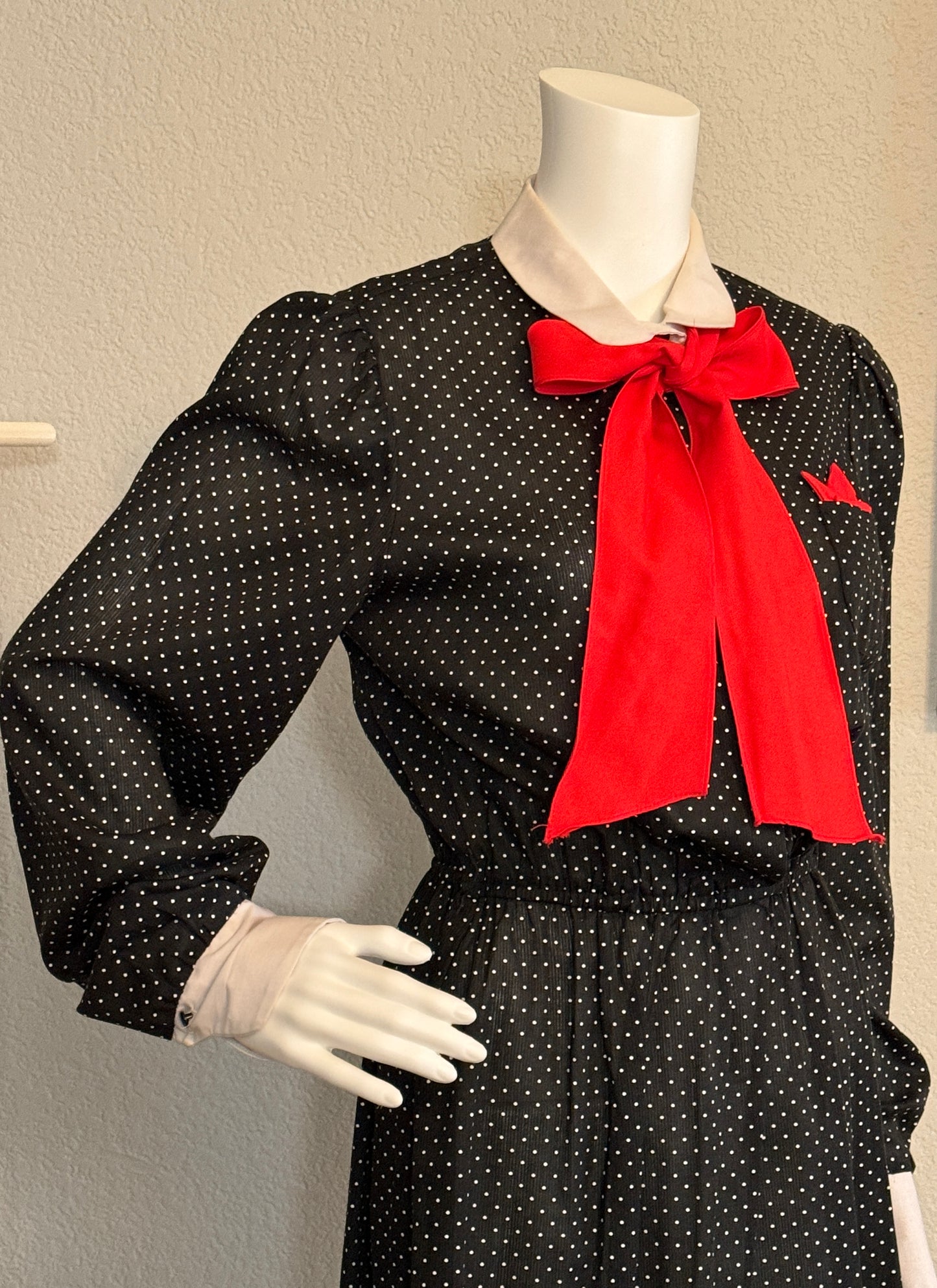 Alison Peters Black & White Polka Dot Dress with Red Accent, Vintage 1970s