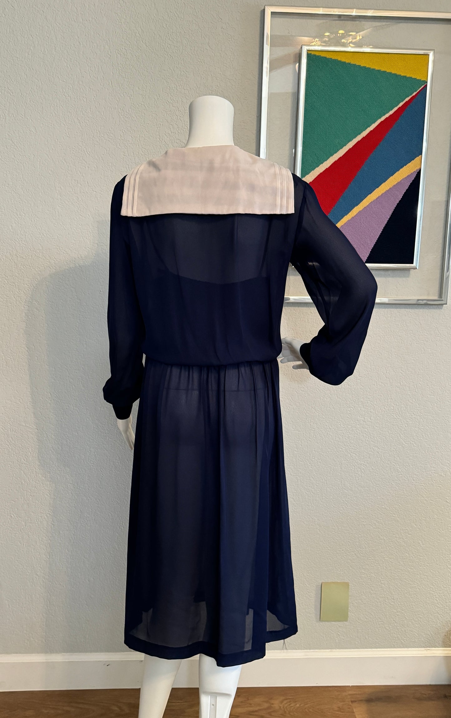 JT Long Sleeve Navy Sheer Dress with Off-White Sailor Collar Neck & Tie