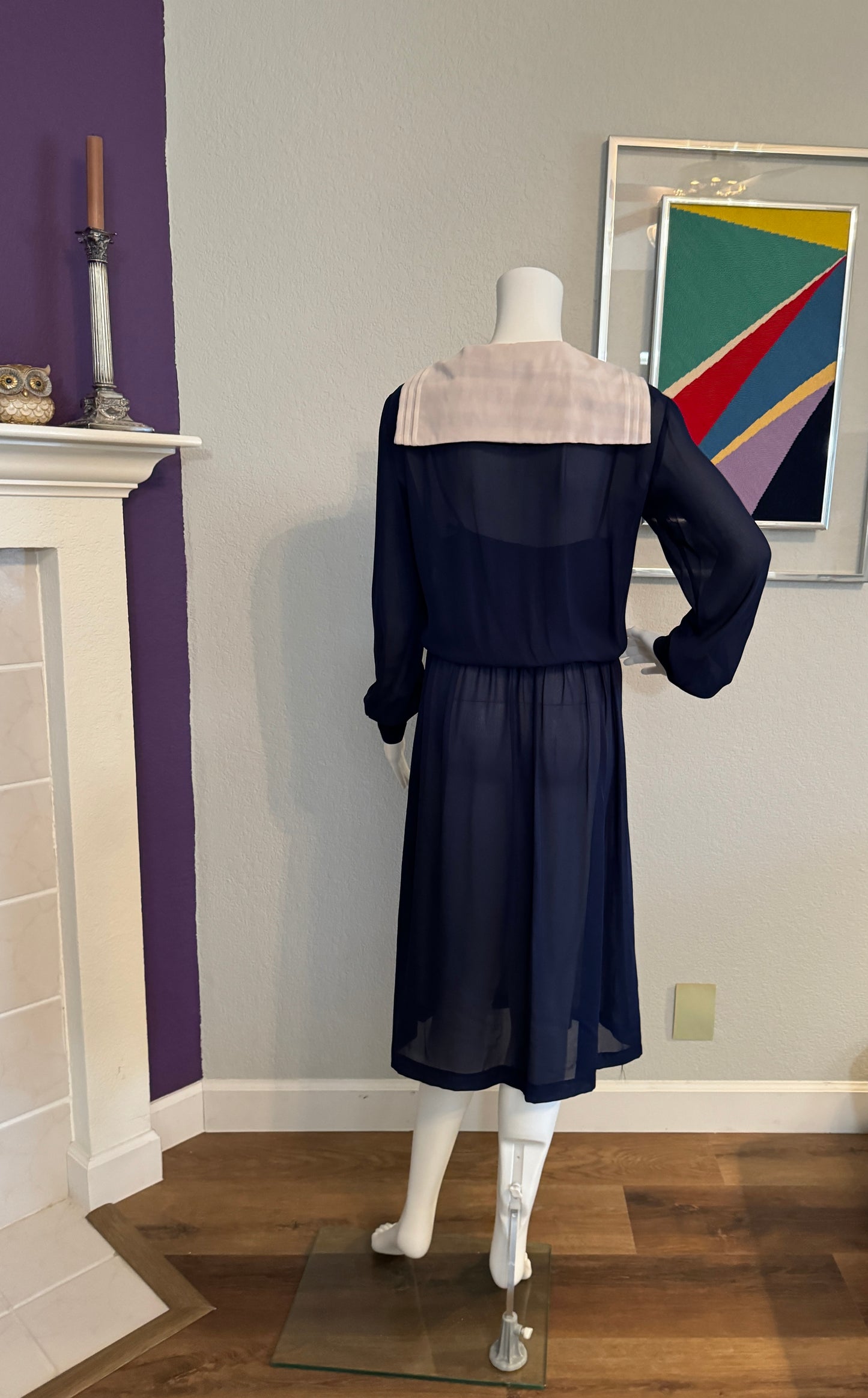 JT Long Sleeve Navy Sheer Dress with Off-White Sailor Collar Neck & Tie