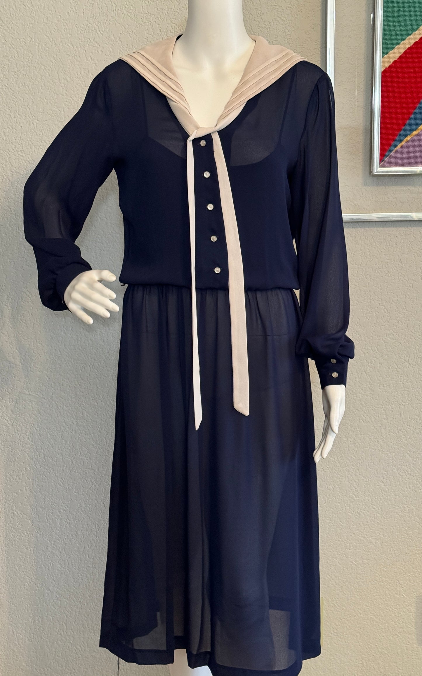 JT Long Sleeve Navy Sheer Dress with Off-White Sailor Collar Neck & Tie