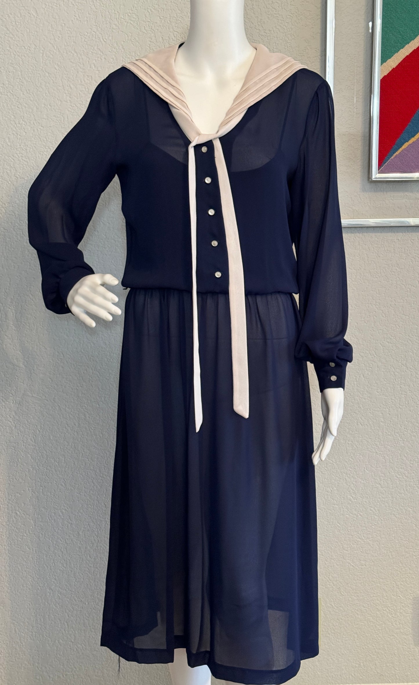 JT Long Sleeve Navy Sheer Dress with Off-White Sailor Collar Neck & Tie