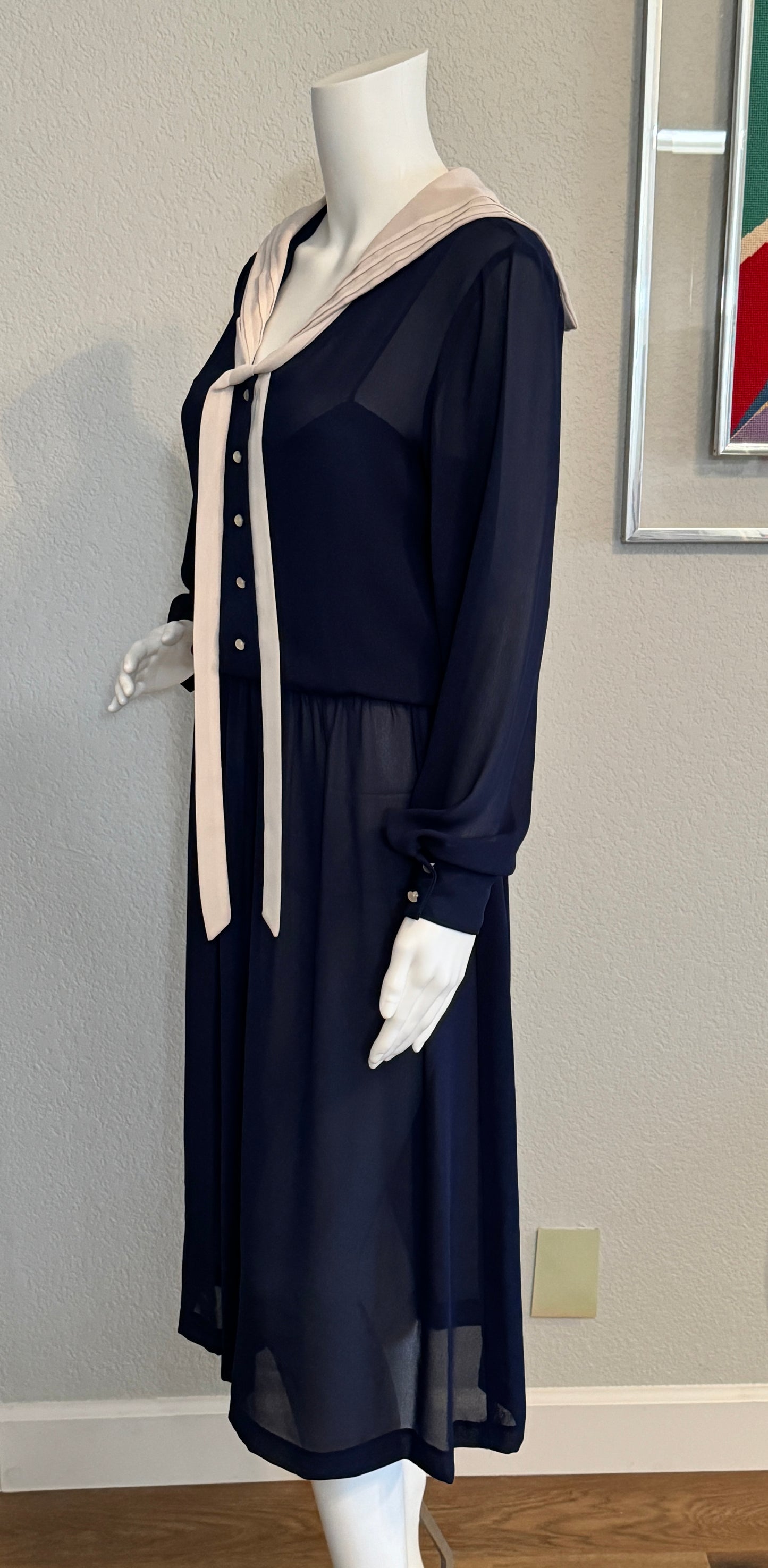 JT Long Sleeve Navy Sheer Dress with Off-White Sailor Collar Neck & Tie