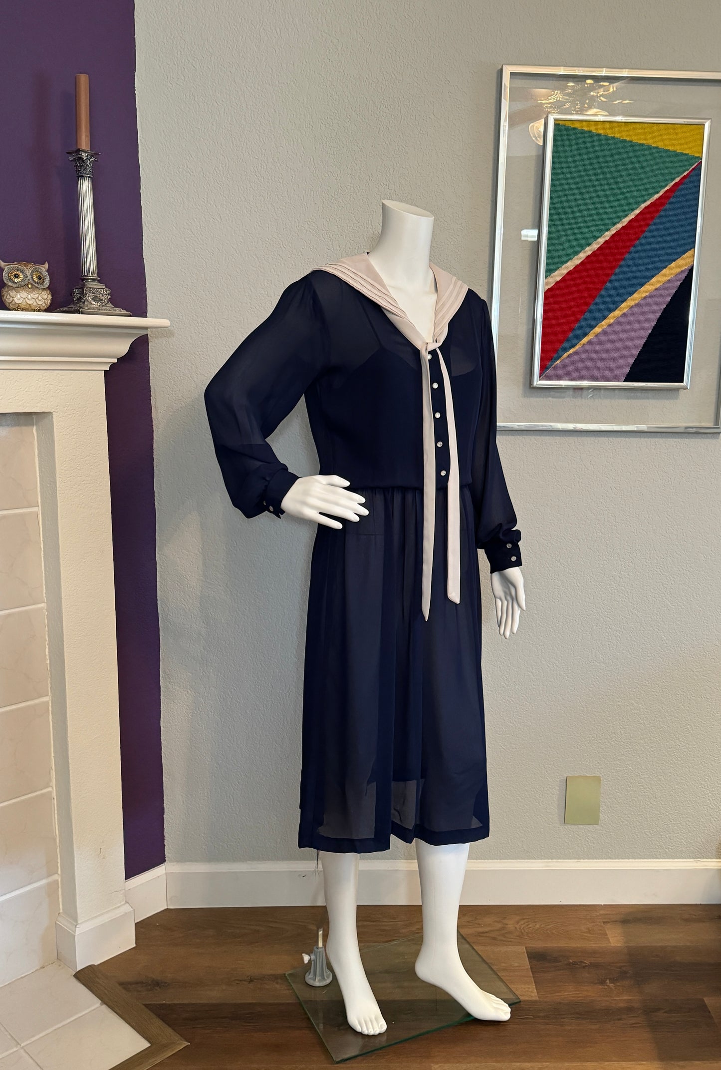 JT Long Sleeve Navy Sheer Dress with Off-White Sailor Collar Neck & Tie