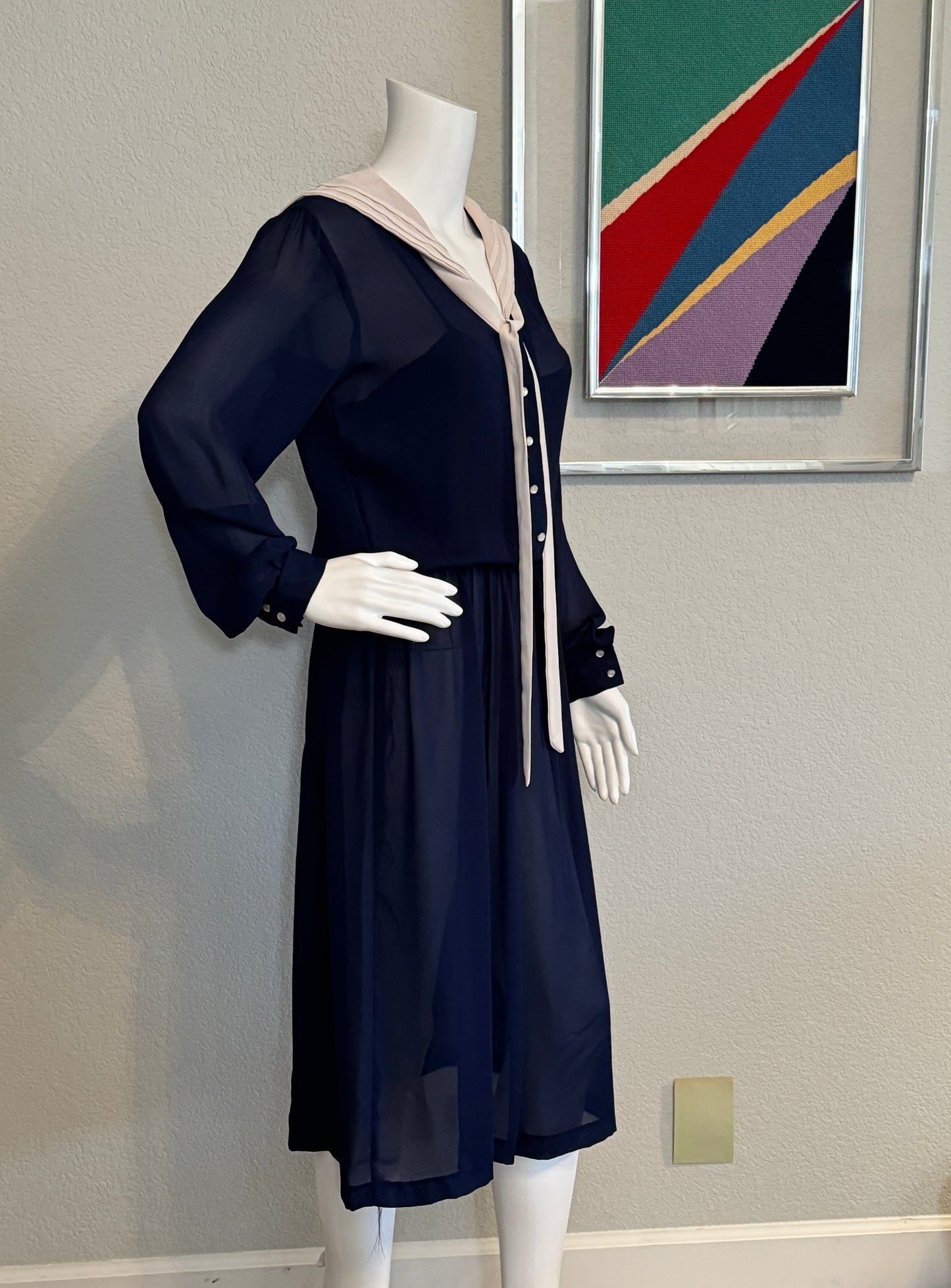 JT Long Sleeve Navy Sheer Dress with Off-White Sailor Collar Neck & Tie