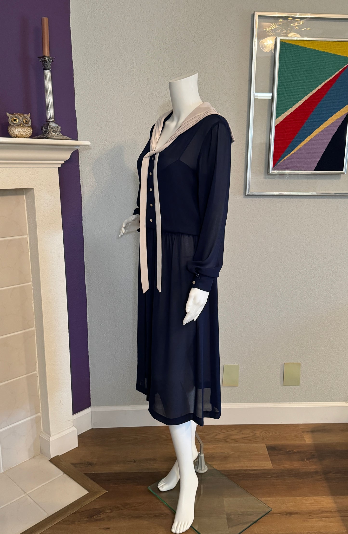 JT Long Sleeve Navy Sheer Dress with Off-White Sailor Collar Neck & Tie