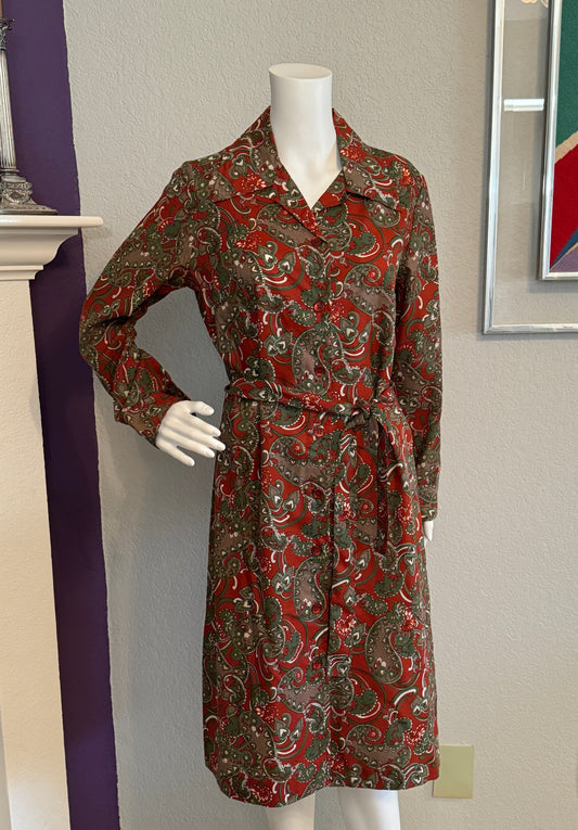 Maroon, Green White Paisley Long Sleeve Dress with Belt - ILGWU Union Made