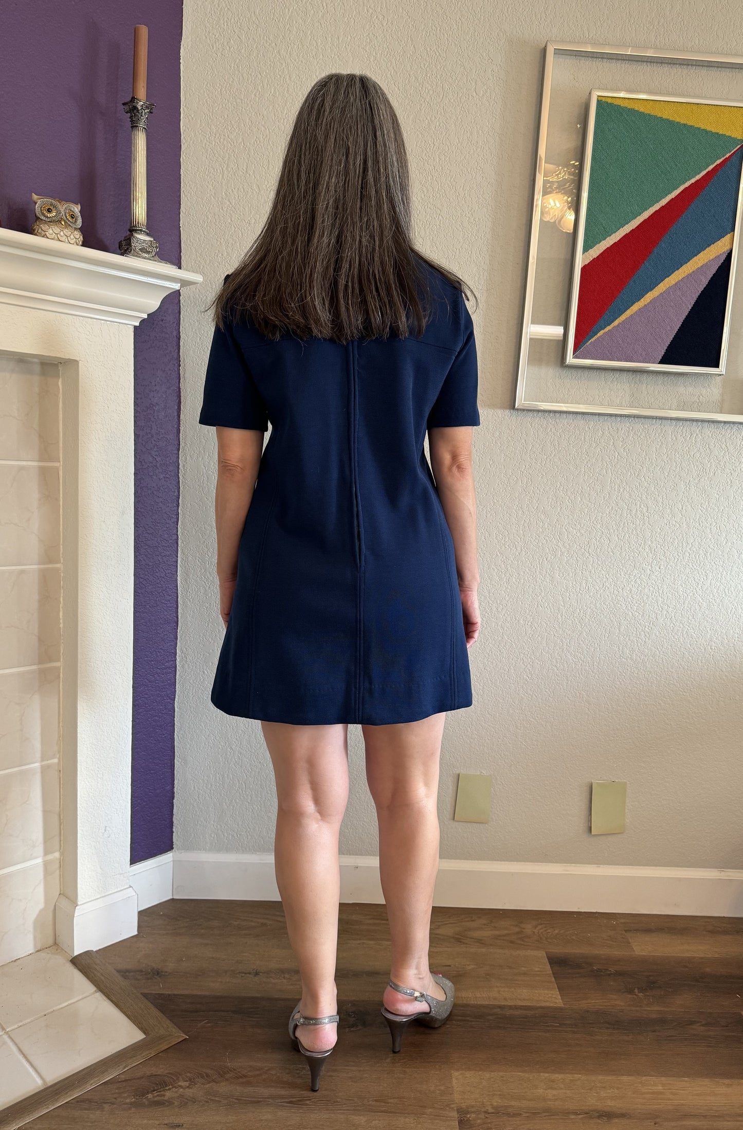 Short Royal Blue / Navy Knit Dress with High Neck and Back Zipper