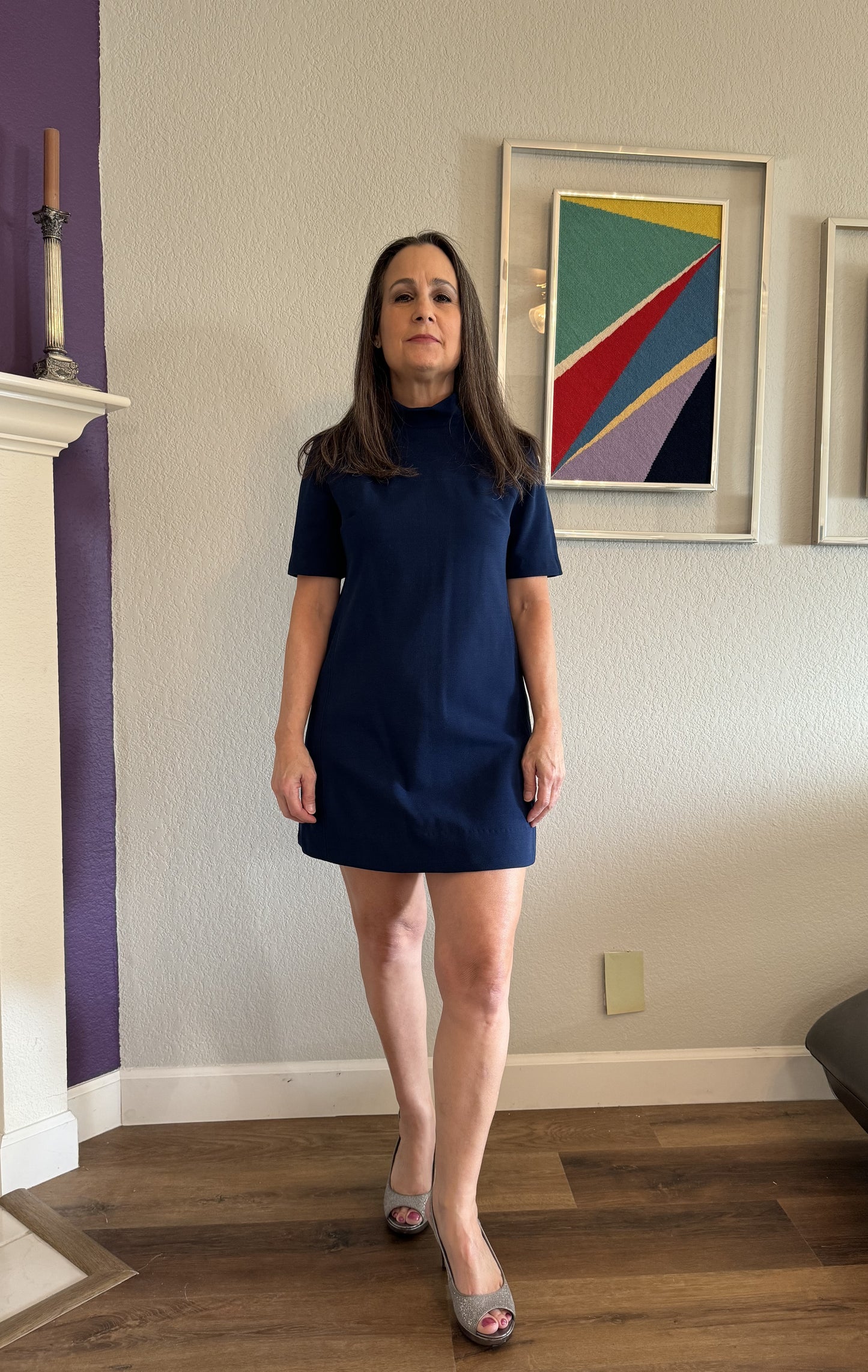 Short Royal Blue / Navy Knit Dress with High Neck and Back Zipper