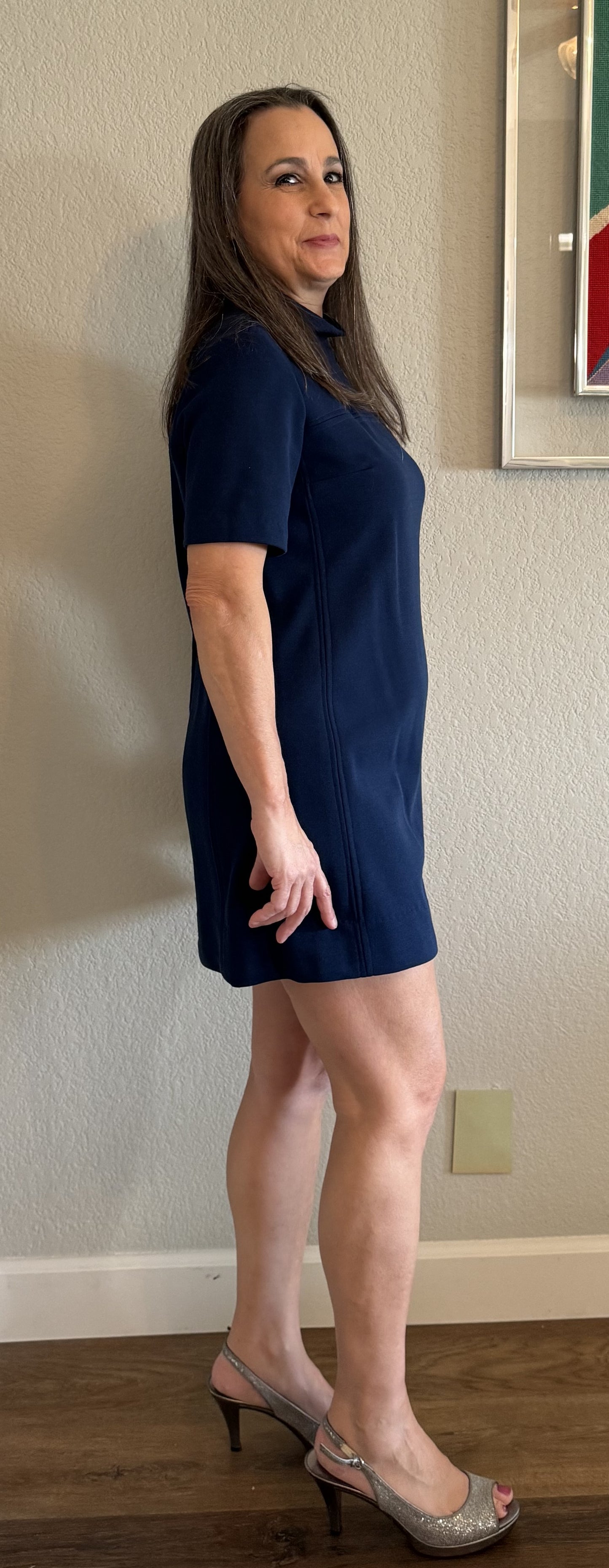 Short Royal Blue / Navy Knit Dress with High Neck and Back Zipper