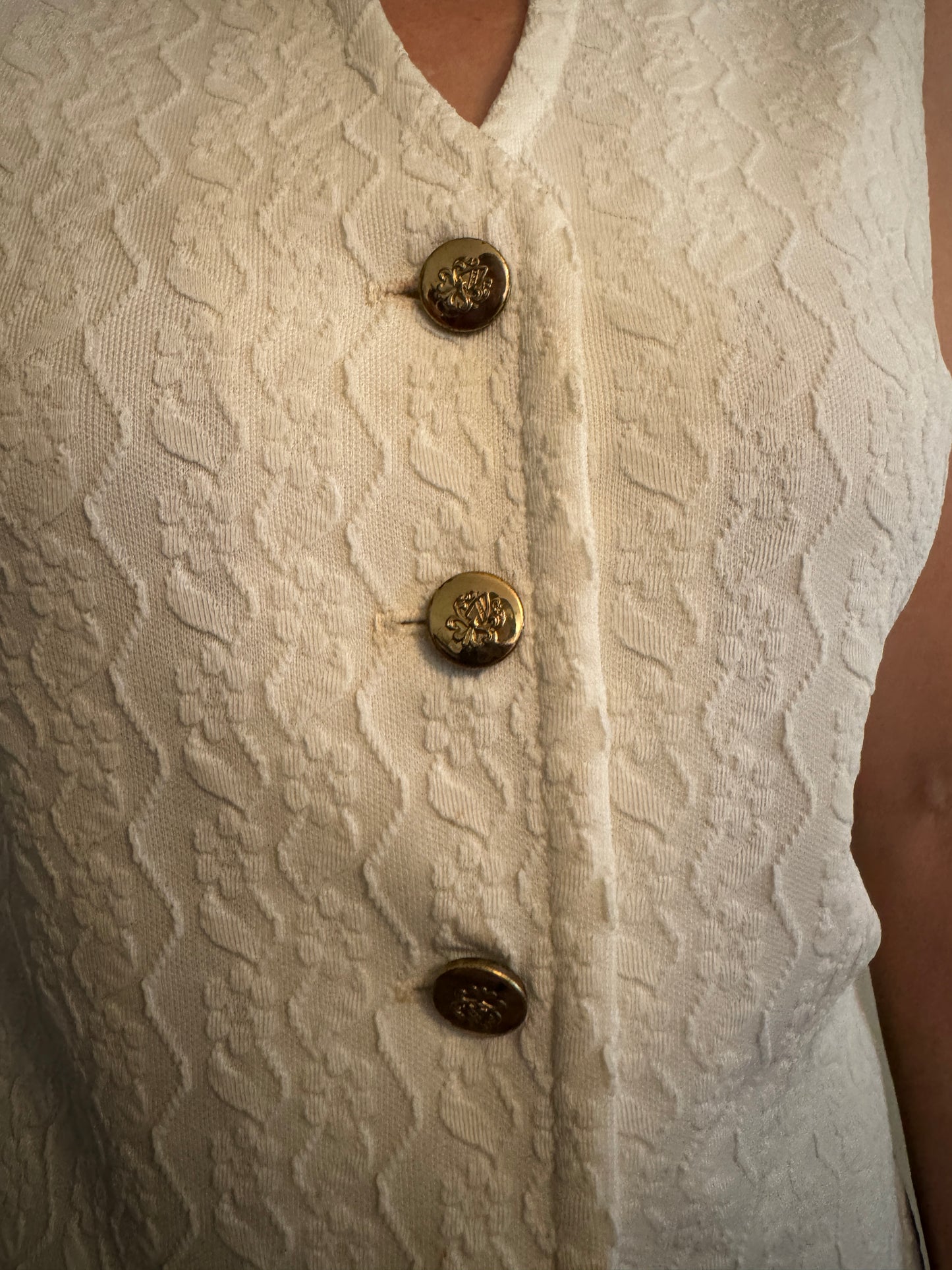 Off White Button Down Vest with 5 Gold Buttons, Flower Textured Design