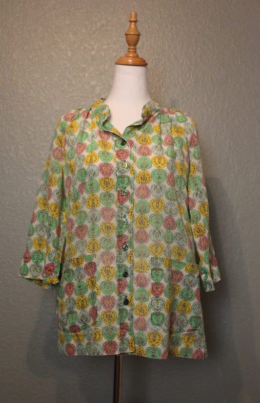 Mid Sleeve Off White Cotton Flower Shirt with Pastel Pink, Green, Yellow, Blue Hearts