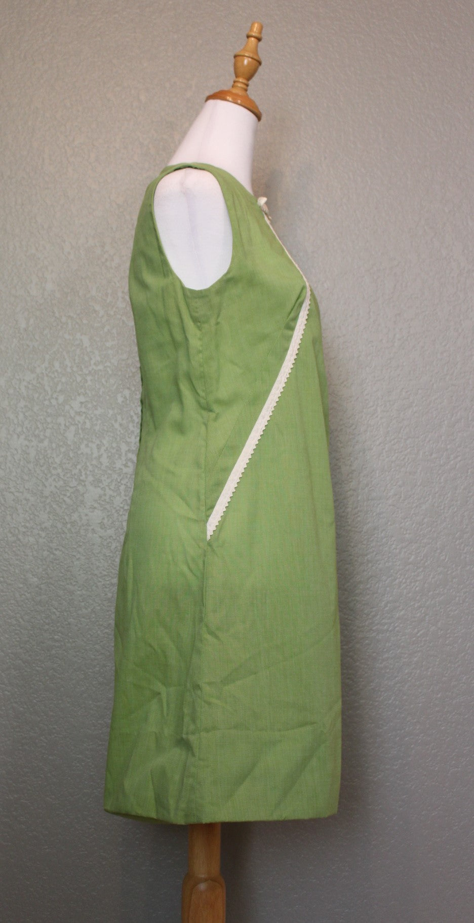 Olive Green Cotton Sleeveless Dress with White Ribbon and Bow