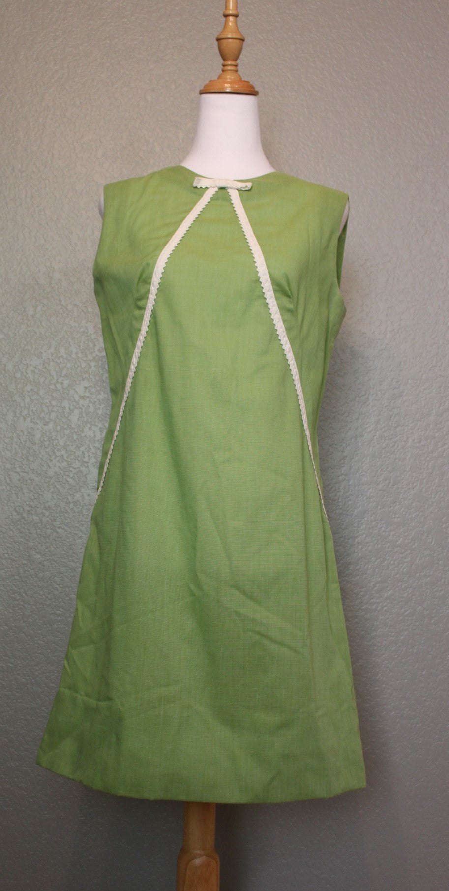 Olive Green Cotton Sleeveless Dress with White Ribbon and Bow