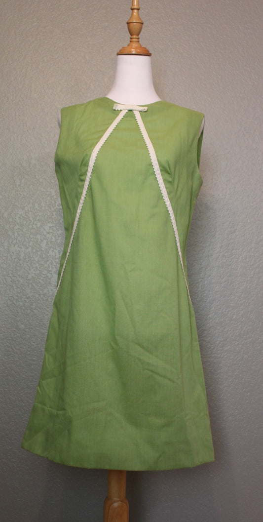 Olive Green Cotton Sleeveless Dress with White Ribbon and Bow