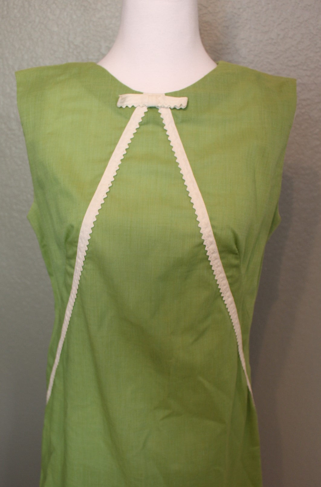 Olive Green Cotton Sleeveless Dress with White Ribbon and Bow