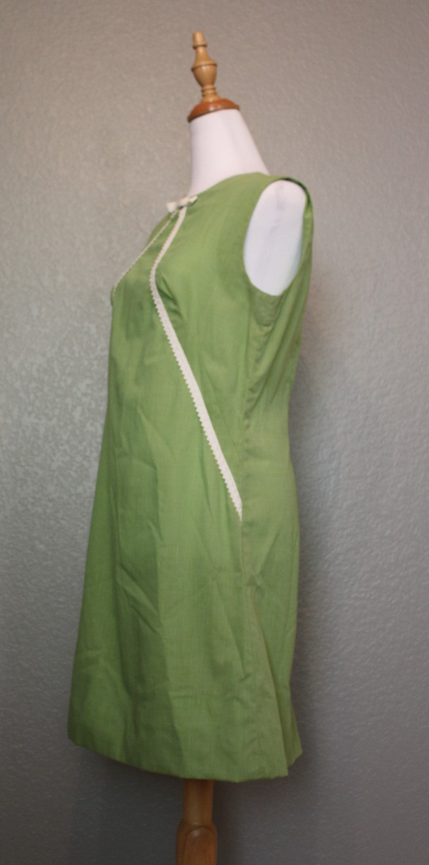 Olive Green Cotton Sleeveless Dress with White Ribbon and Bow