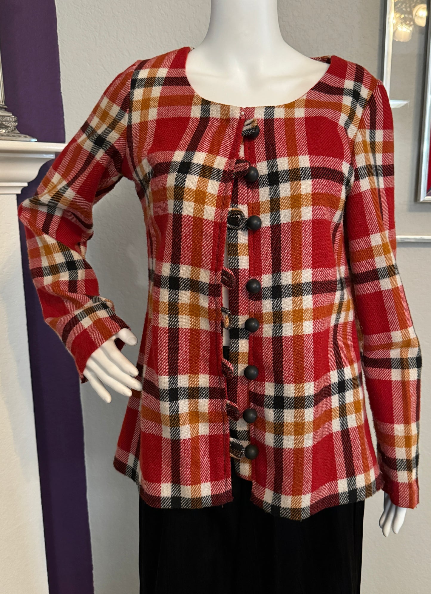 Plaid Long Sleeve Jacket - Red, Black, Orange, Beige