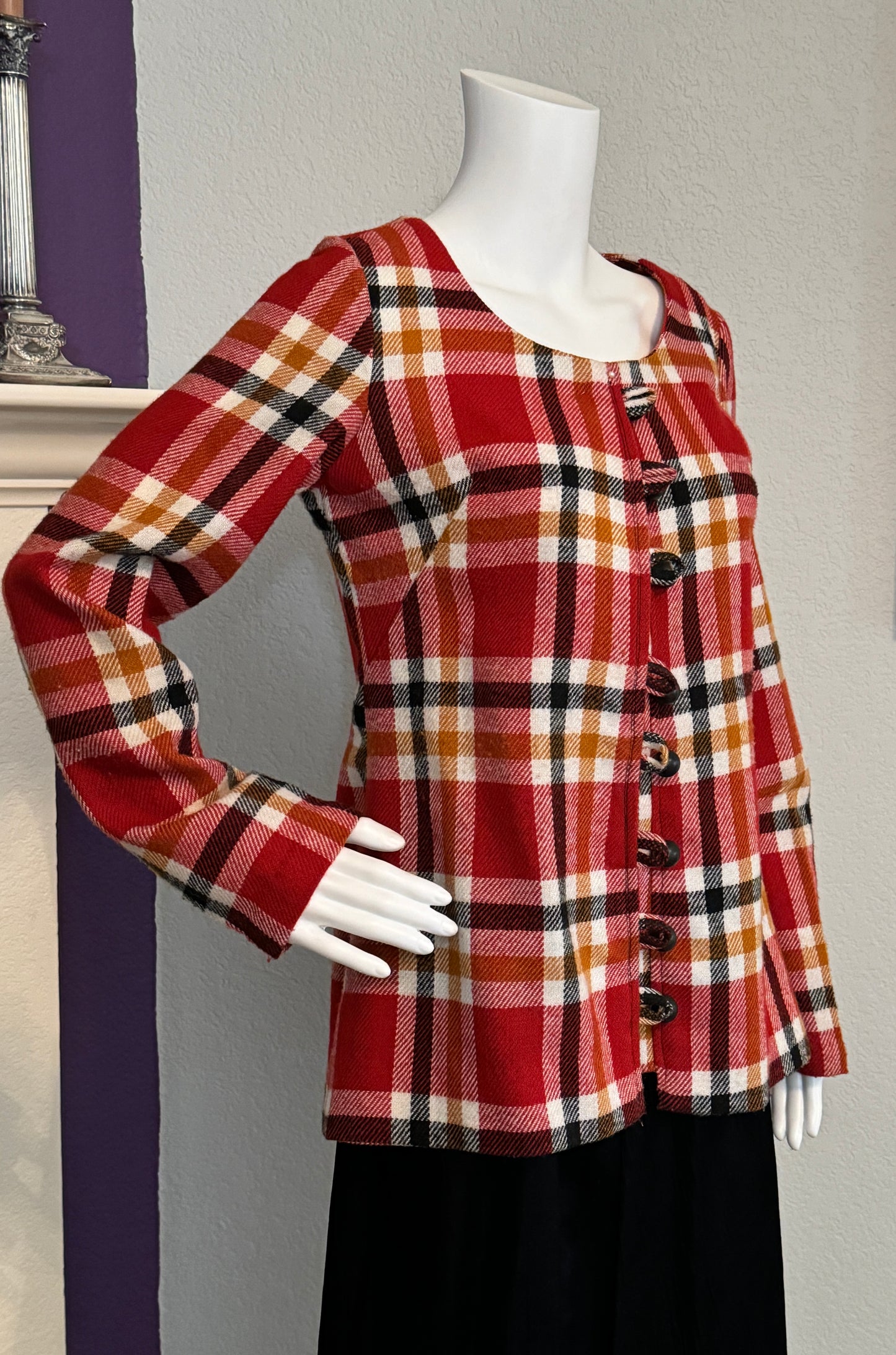 Plaid Long Sleeve Jacket - Red, Black, Orange, Beige