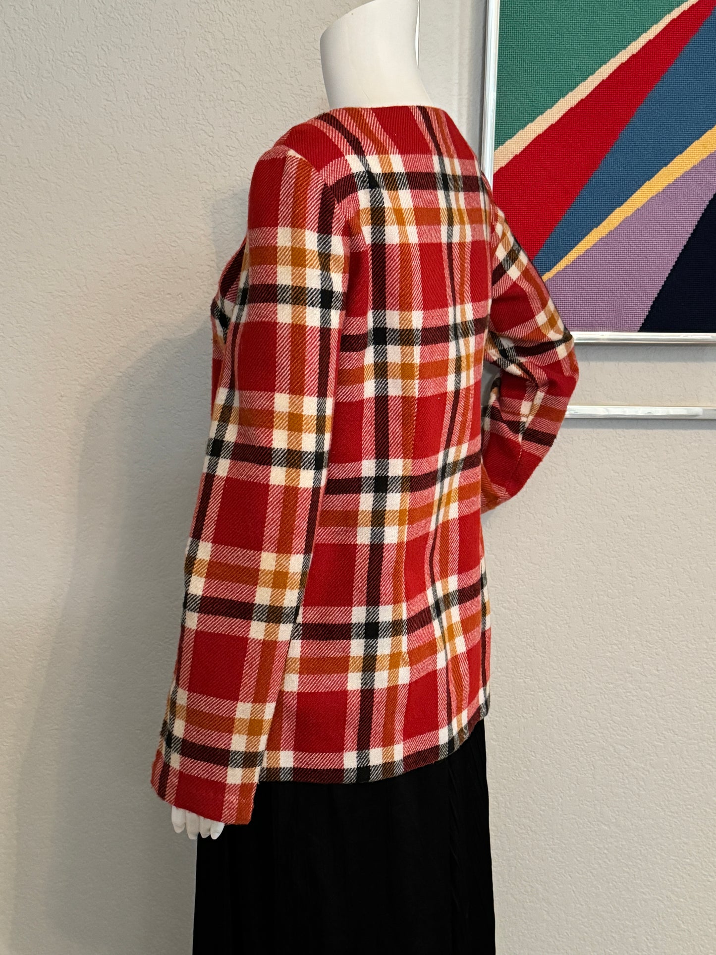 Plaid Long Sleeve Jacket - Red, Black, Orange, Beige