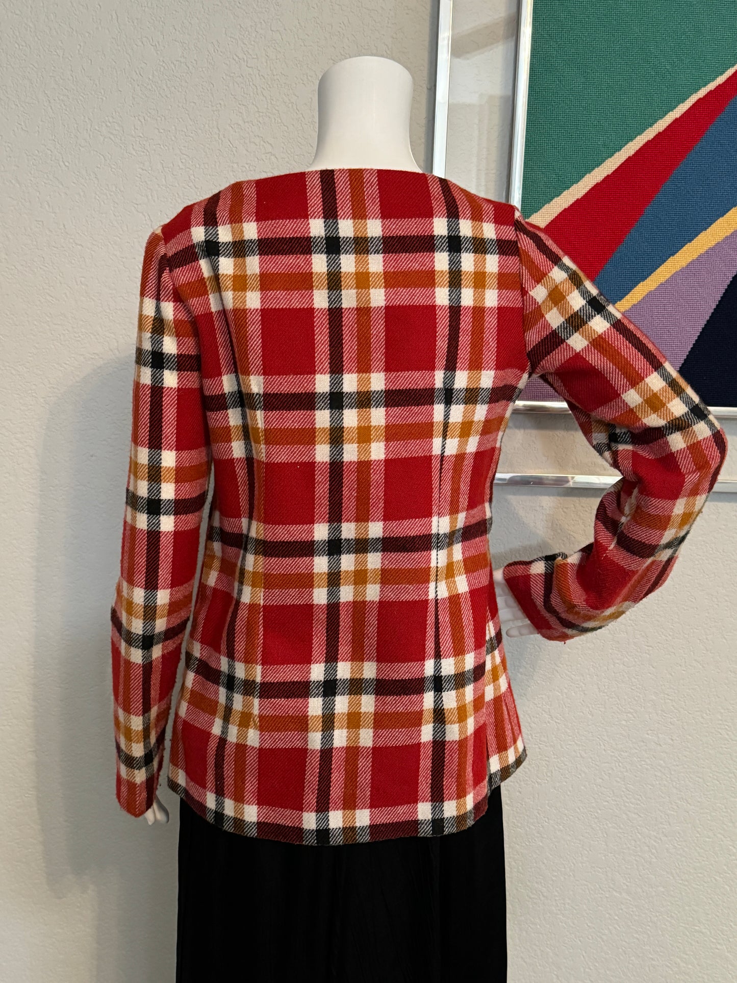 Plaid Long Sleeve Jacket - Red, Black, Orange, Beige