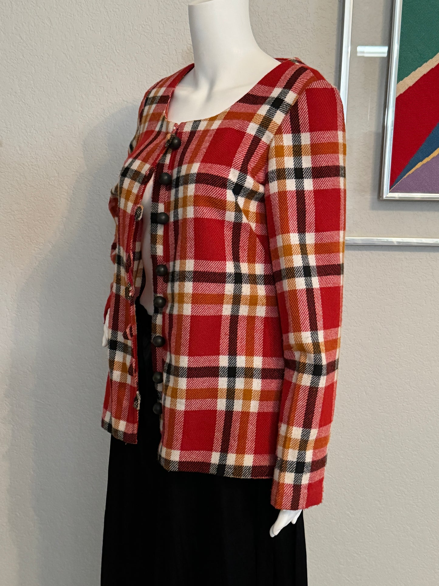 Plaid Long Sleeve Jacket - Red, Black, Orange, Beige