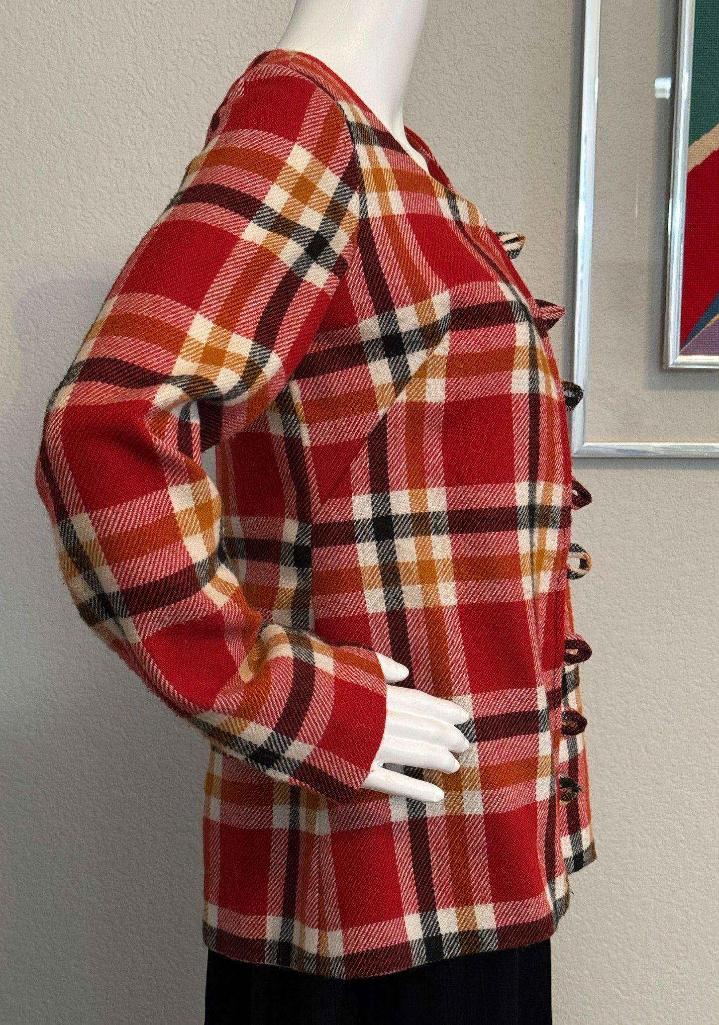 Plaid Long Sleeve Jacket - Red, Black, Orange, Beige