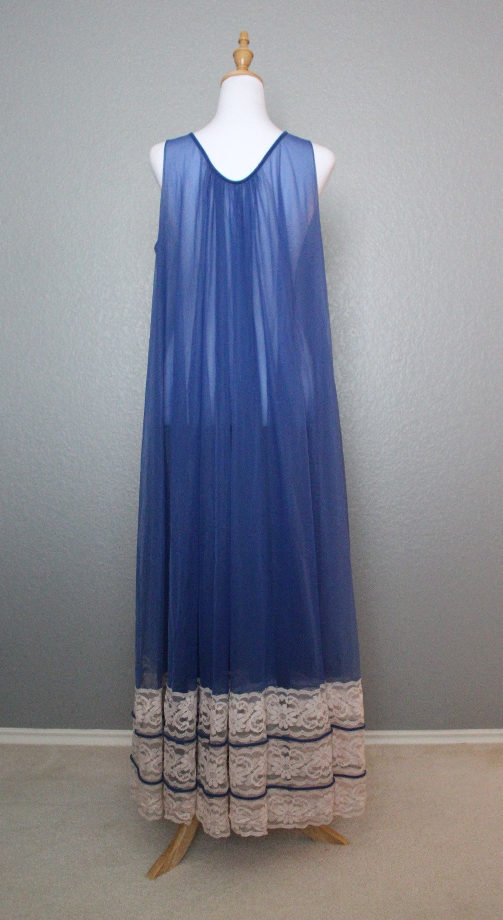 Miss Elaine Royal Blue Sleeveless Nightgown with Pink Lace Bottom