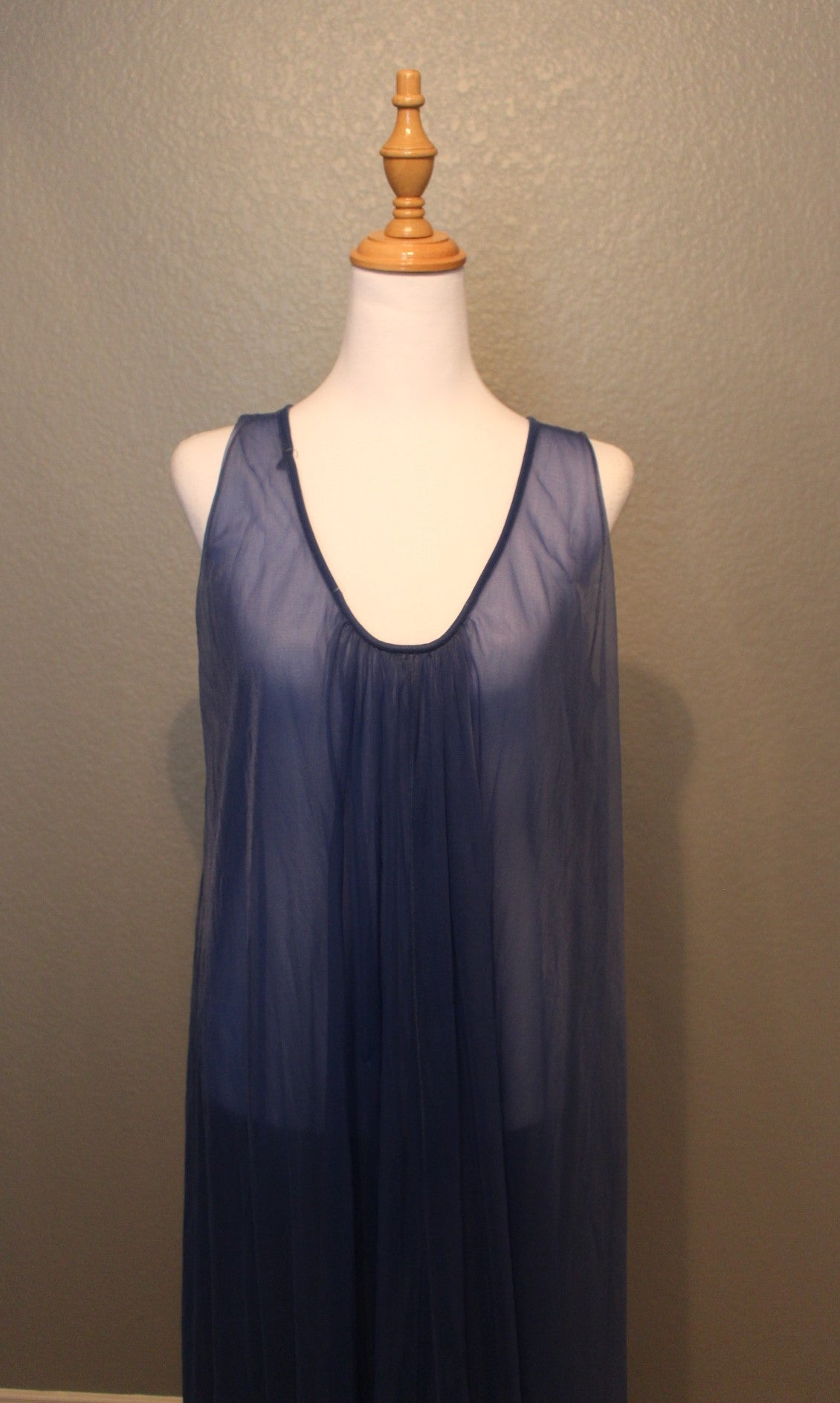 Miss Elaine Royal Blue Sleeveless Nightgown with Pink Lace Bottom