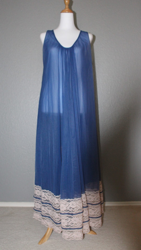 Miss Elaine Royal Blue Sleeveless Nightgown with Pink Lace Bottom