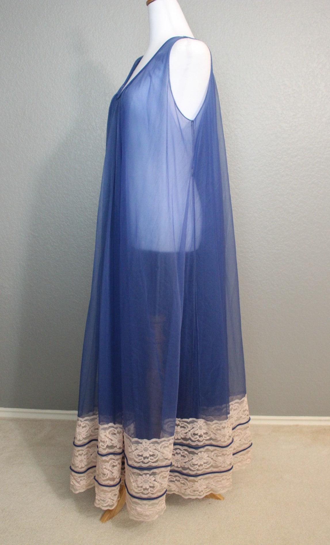 Miss Elaine Royal Blue Sleeveless Nightgown with Pink Lace Bottom