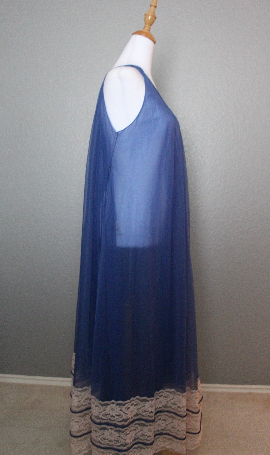 Miss Elaine Royal Blue Sleeveless Nightgown with Pink Lace Bottom