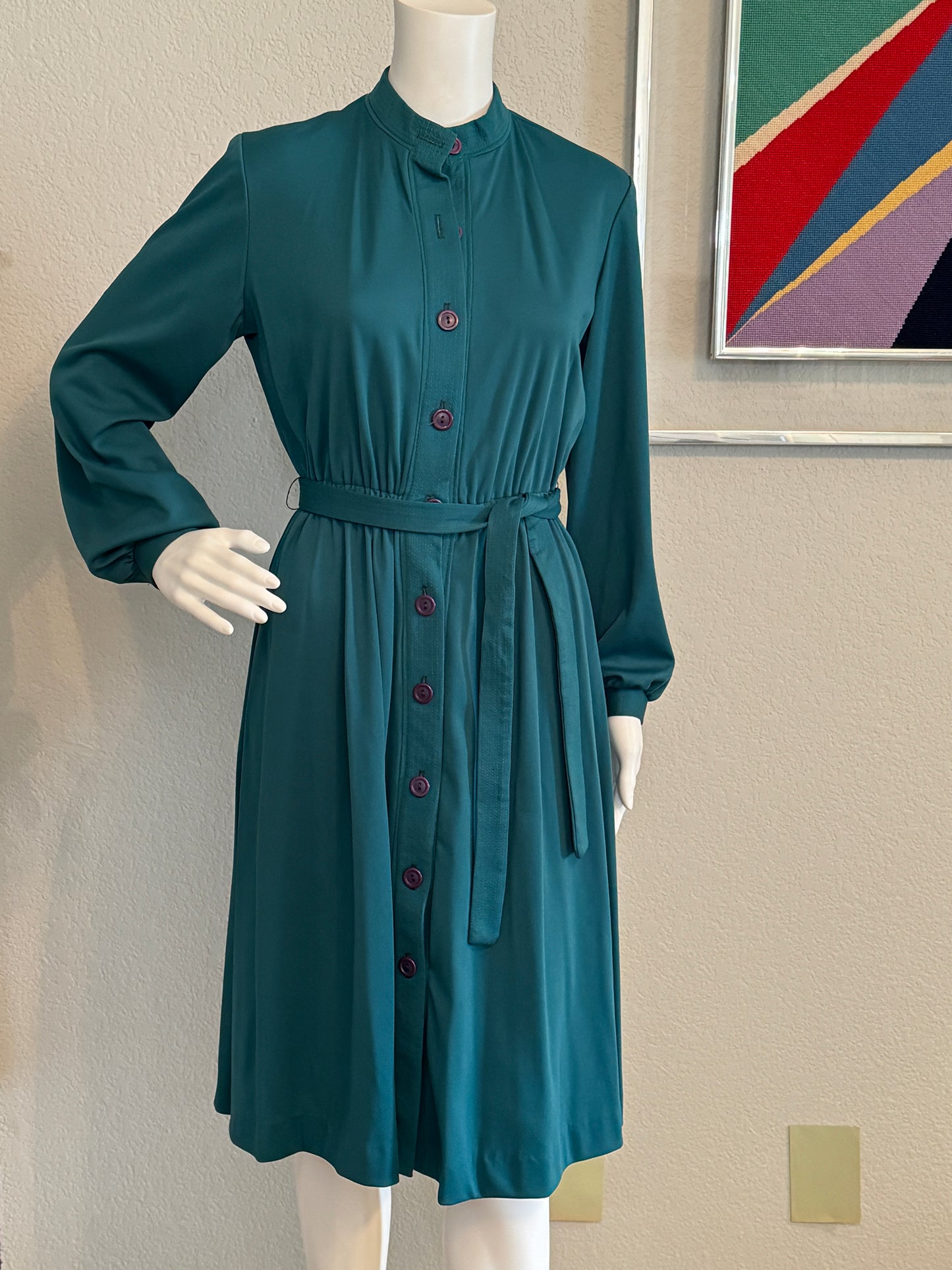 Teal Button Down Dress Long Sleeve - Size 12 Vintage