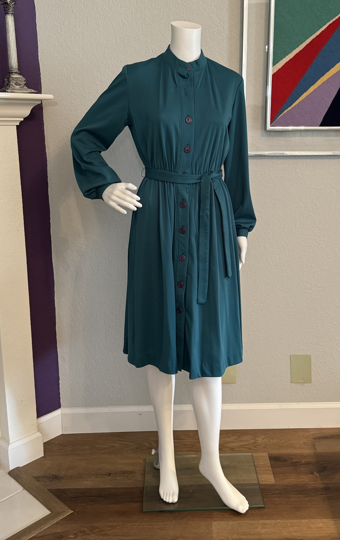 Teal Button Down Dress Long Sleeve - Size 12 Vintage