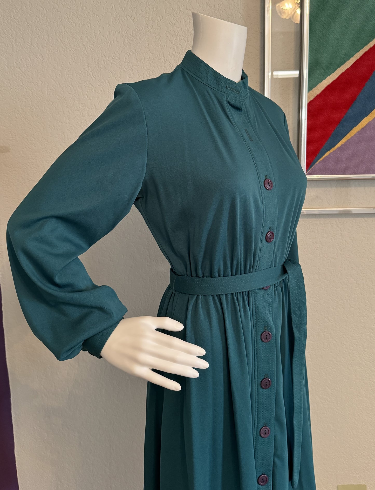 Teal Button Down Dress Long Sleeve - Size 12 Vintage