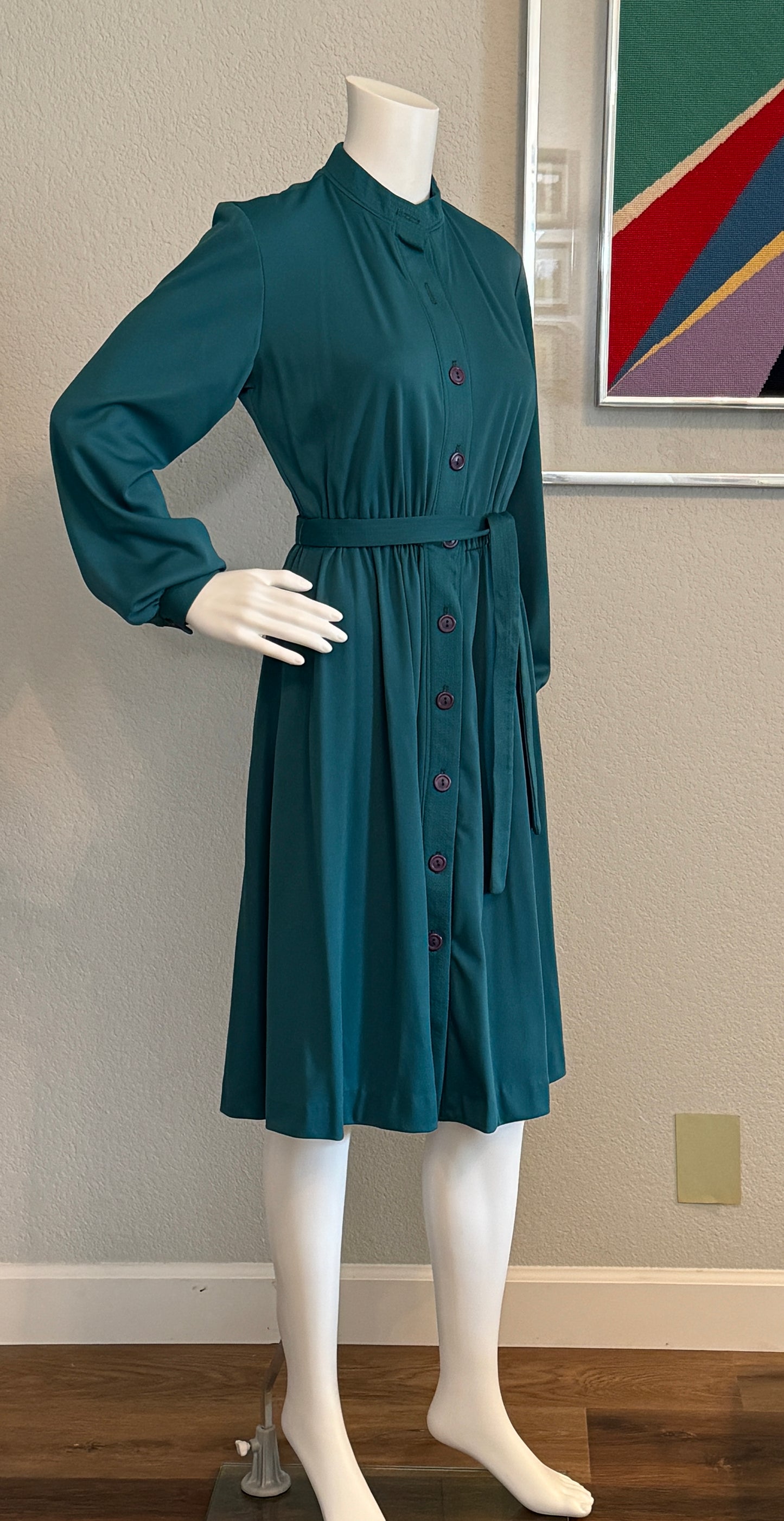 Teal Button Down Dress Long Sleeve - Size 12 Vintage