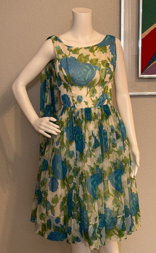 1950s Teal, Green, Off-White with Flowers Sleeveless Cocktail Dress with Sash