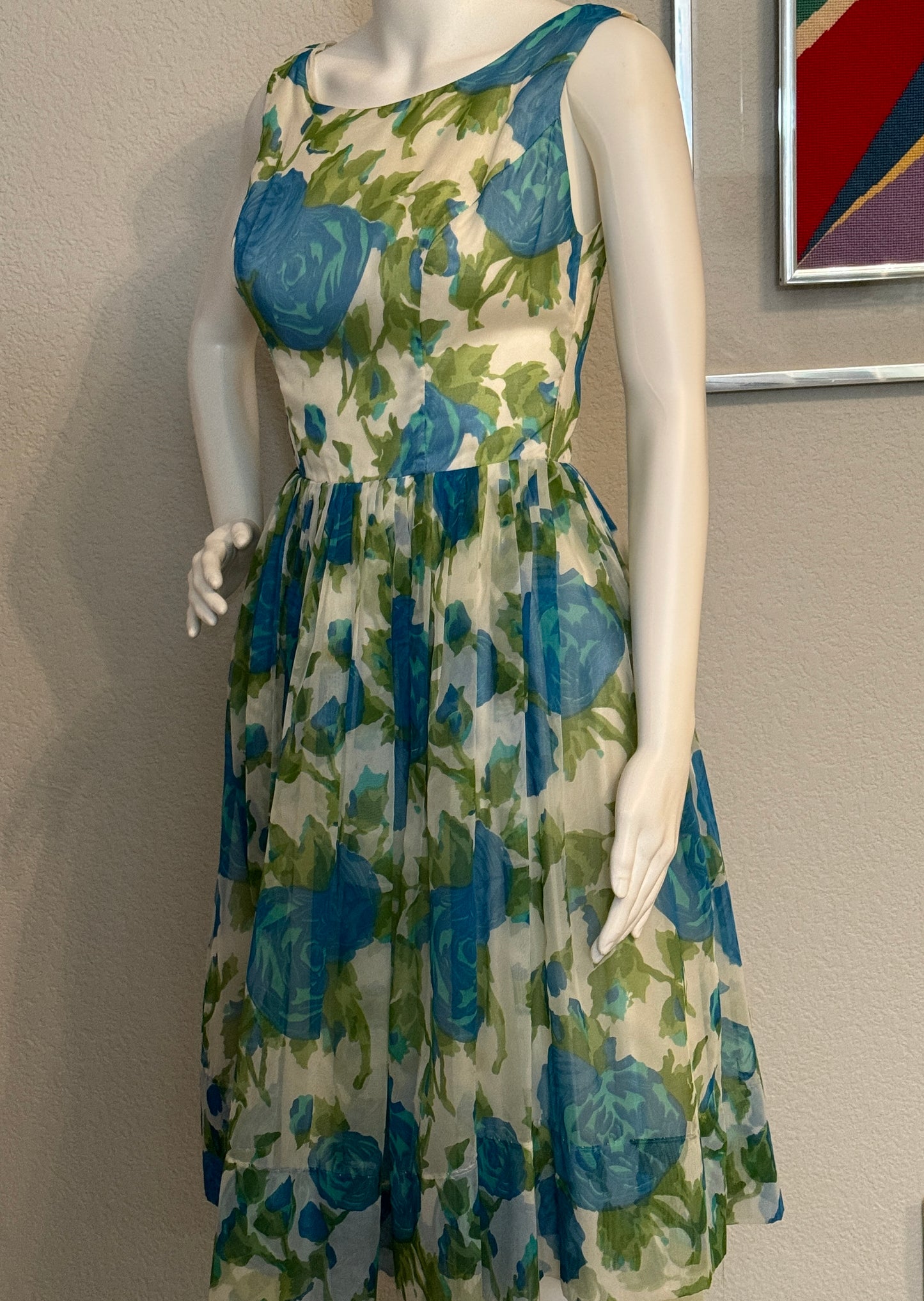 1950s Teal, Green, Off-White with Flowers Sleeveless Cocktail Dress with Sash