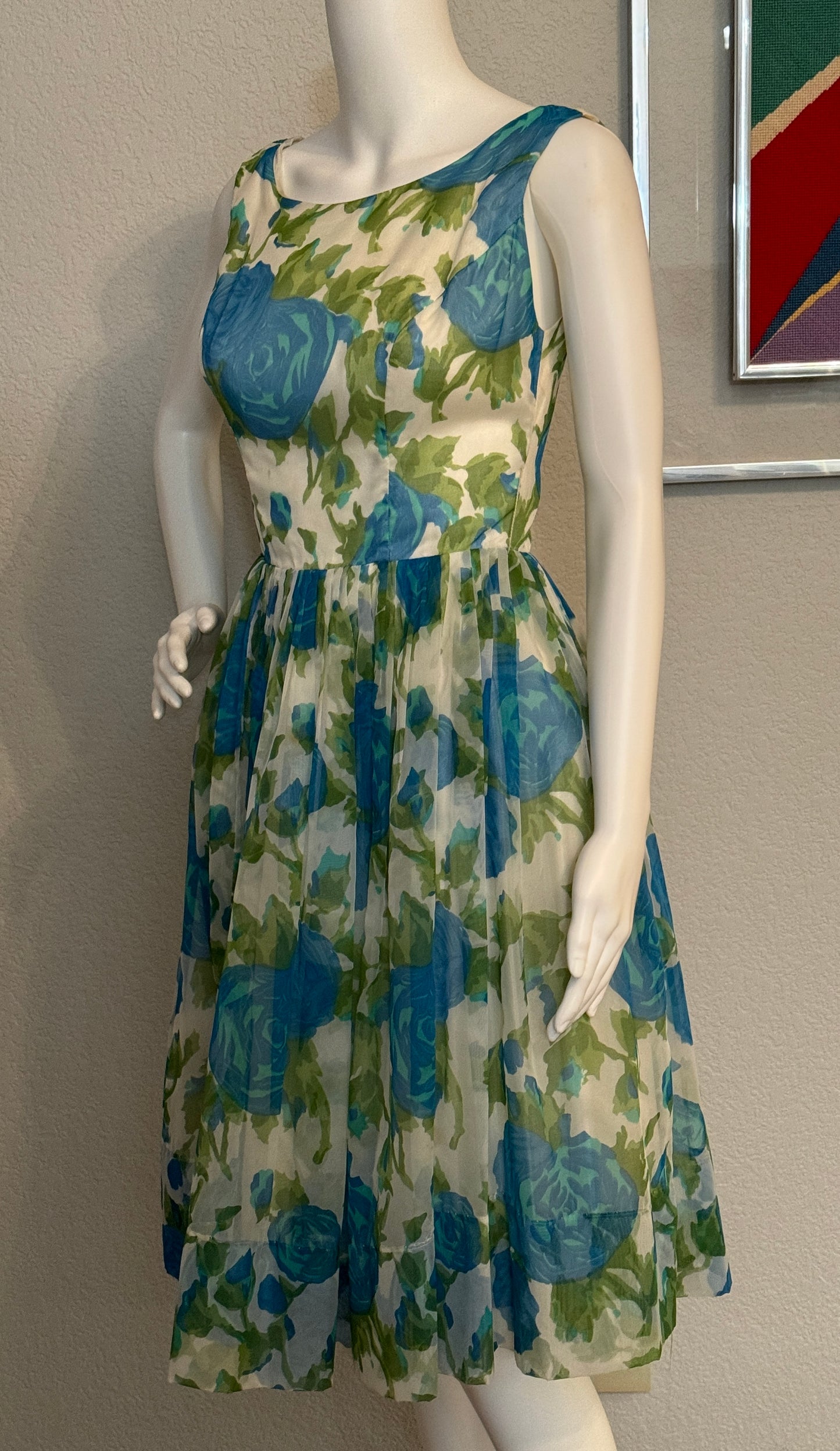 1950s Teal, Green, Off-White with Flowers Sleeveless Cocktail Dress with Sash