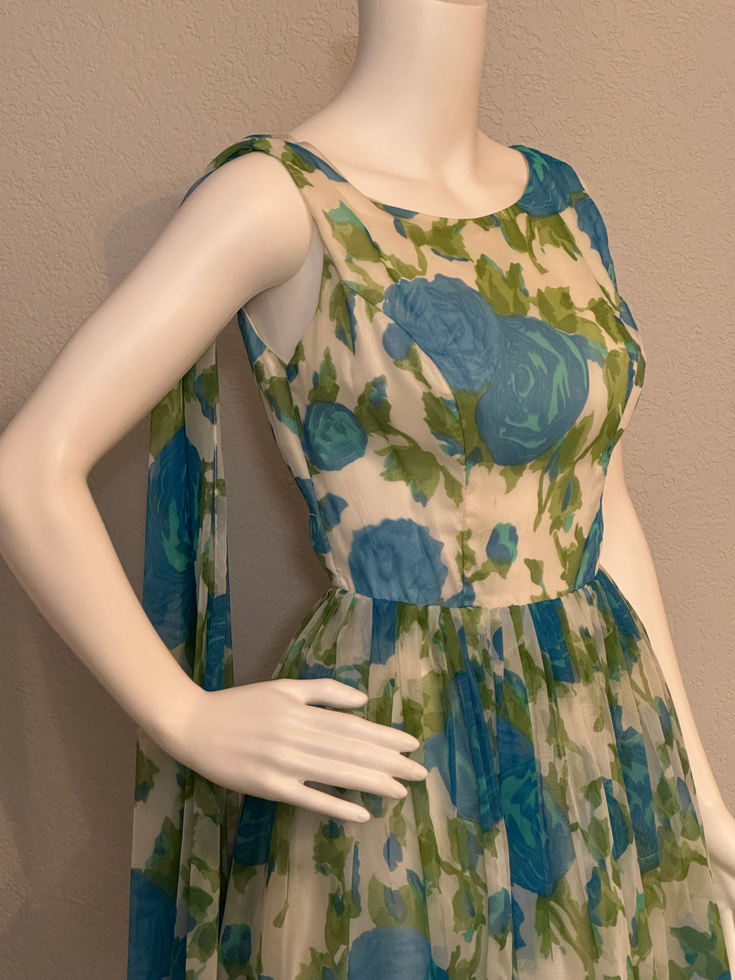 1950s Teal, Green, Off-White with Flowers Sleeveless Cocktail Dress with Sash