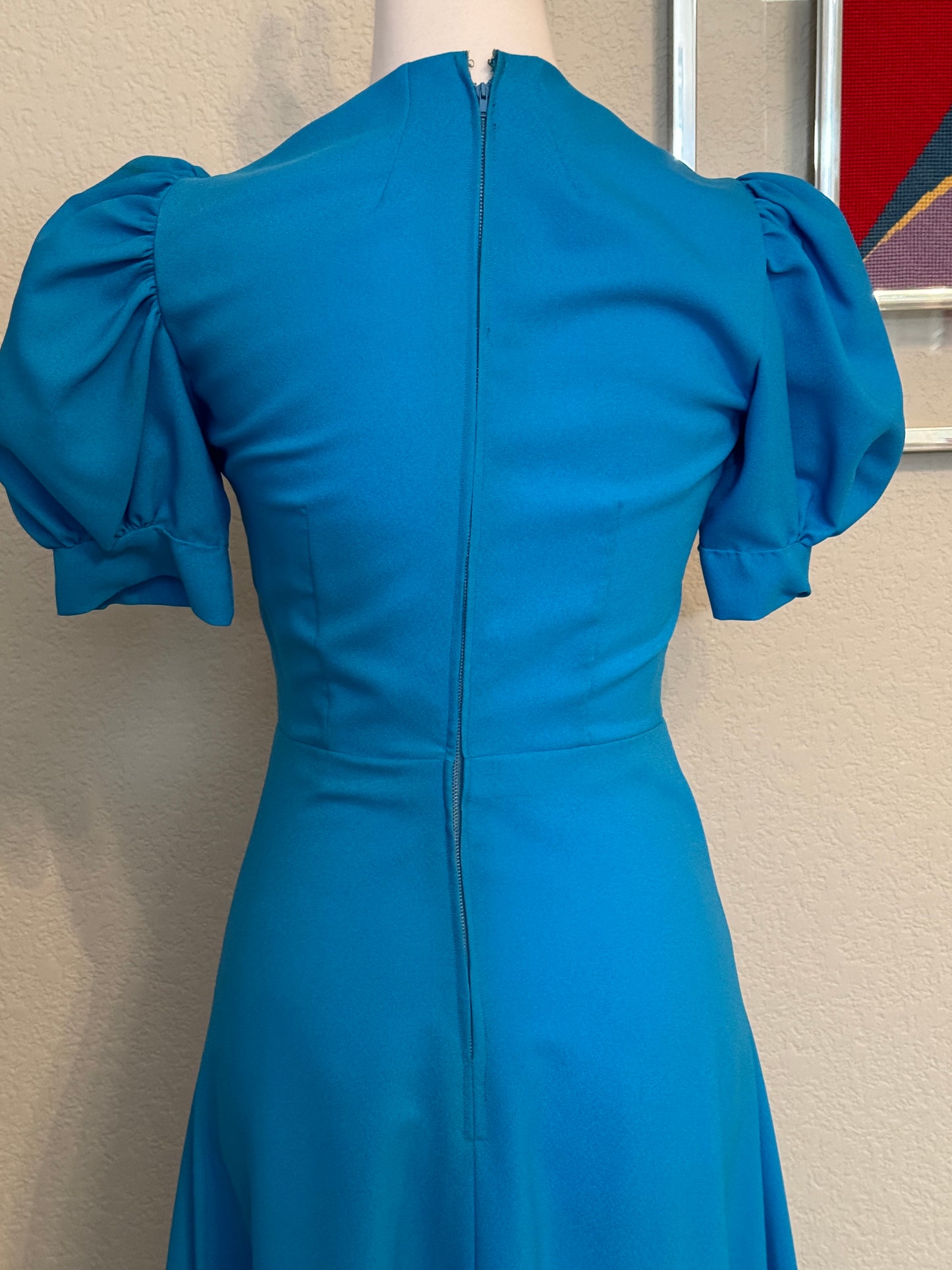 Turquoise Short Puffy Sleeve Dress with High Waist