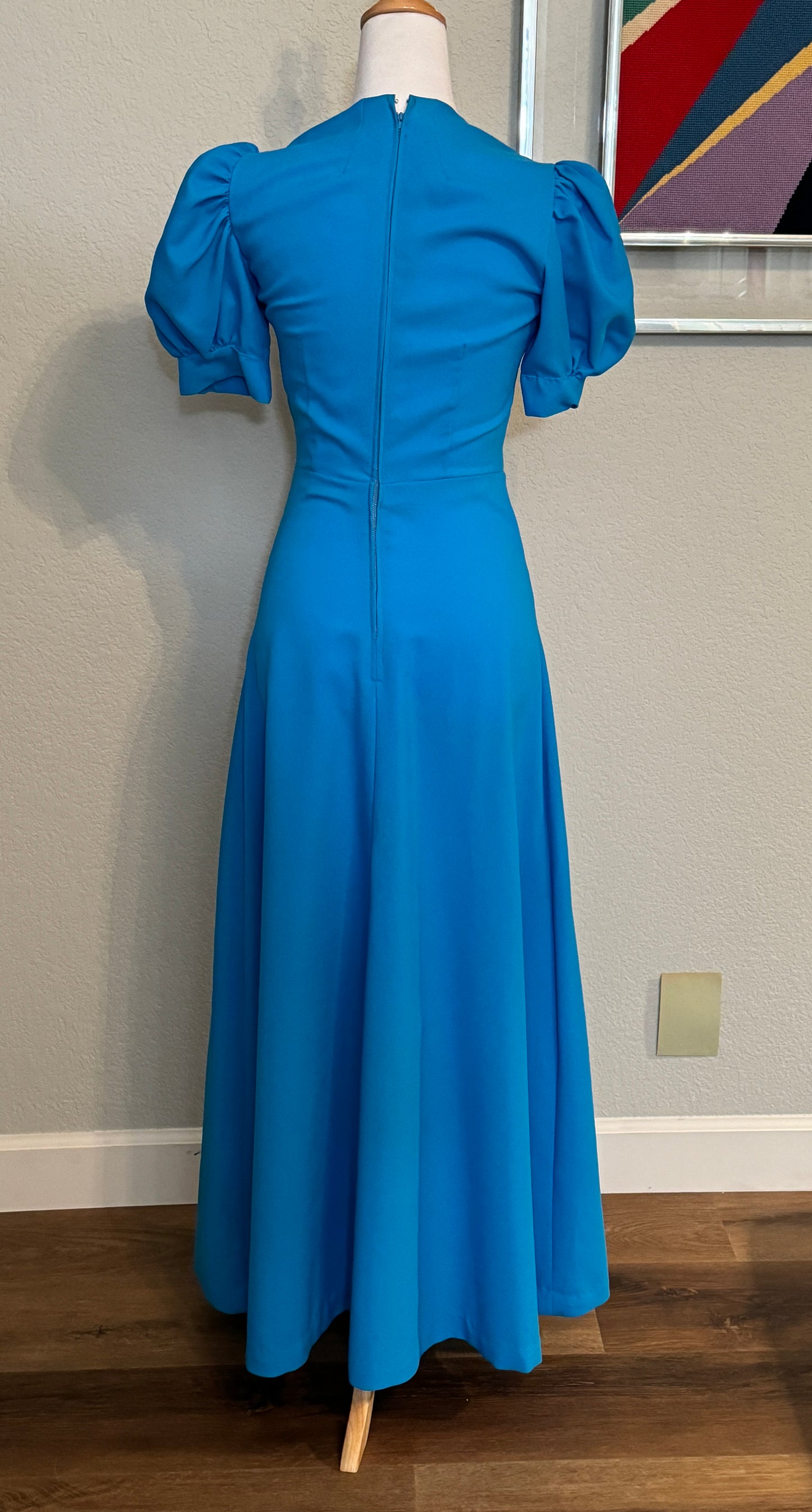 Turquoise Short Puffy Sleeve Dress with High Waist