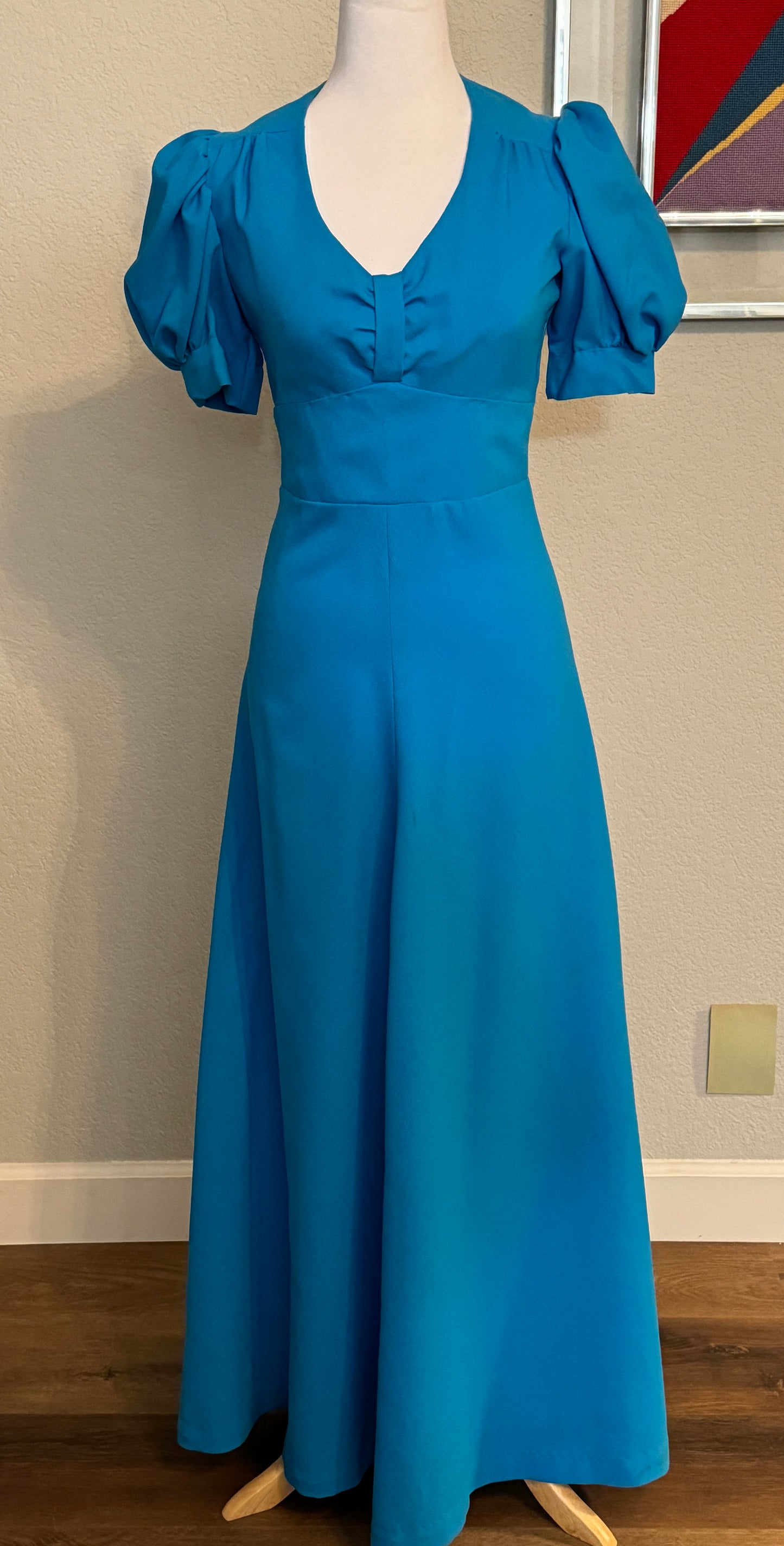 Turquoise Short Puffy Sleeve Dress with High Waist