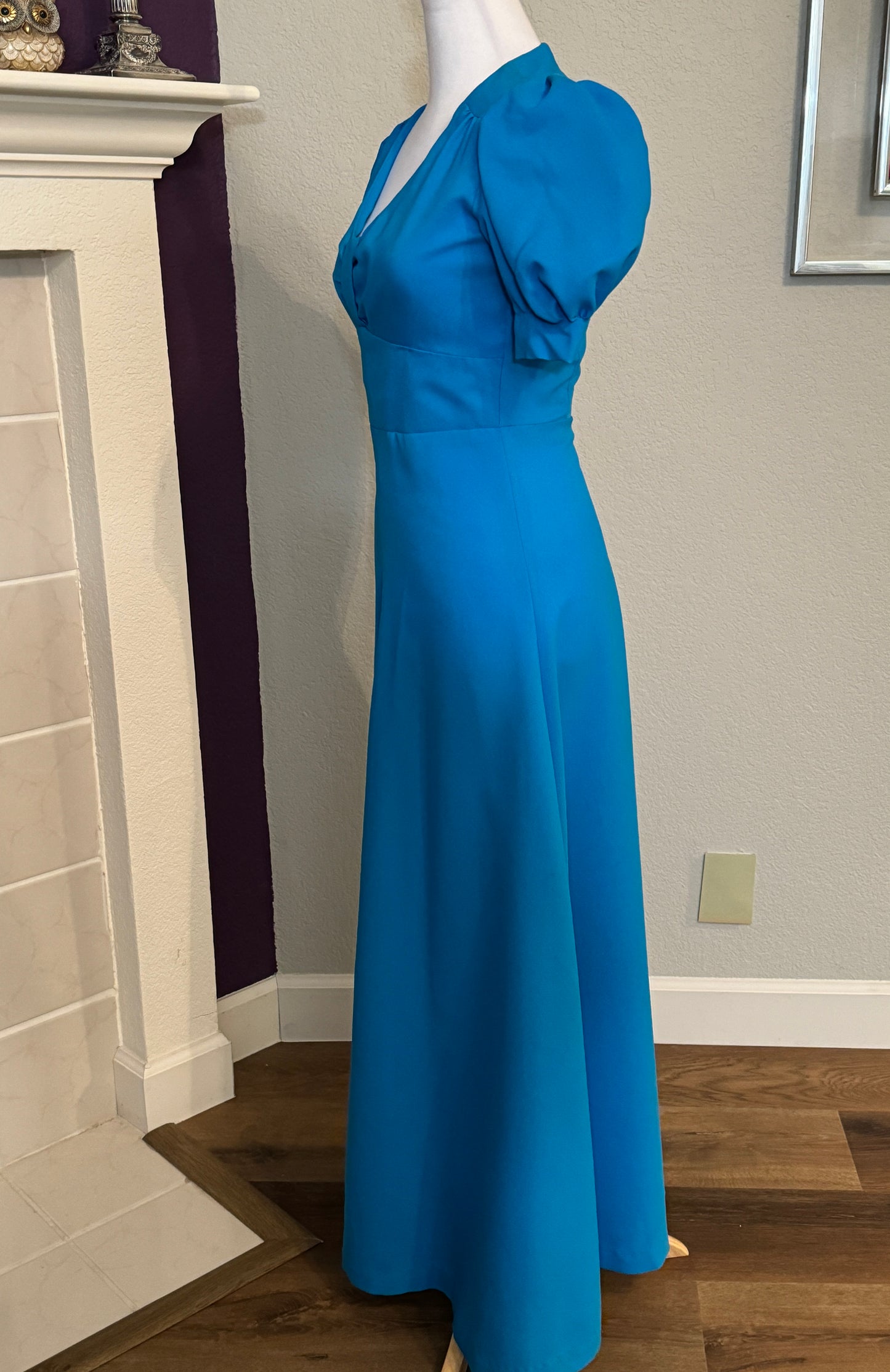 Turquoise Short Puffy Sleeve Dress with High Waist