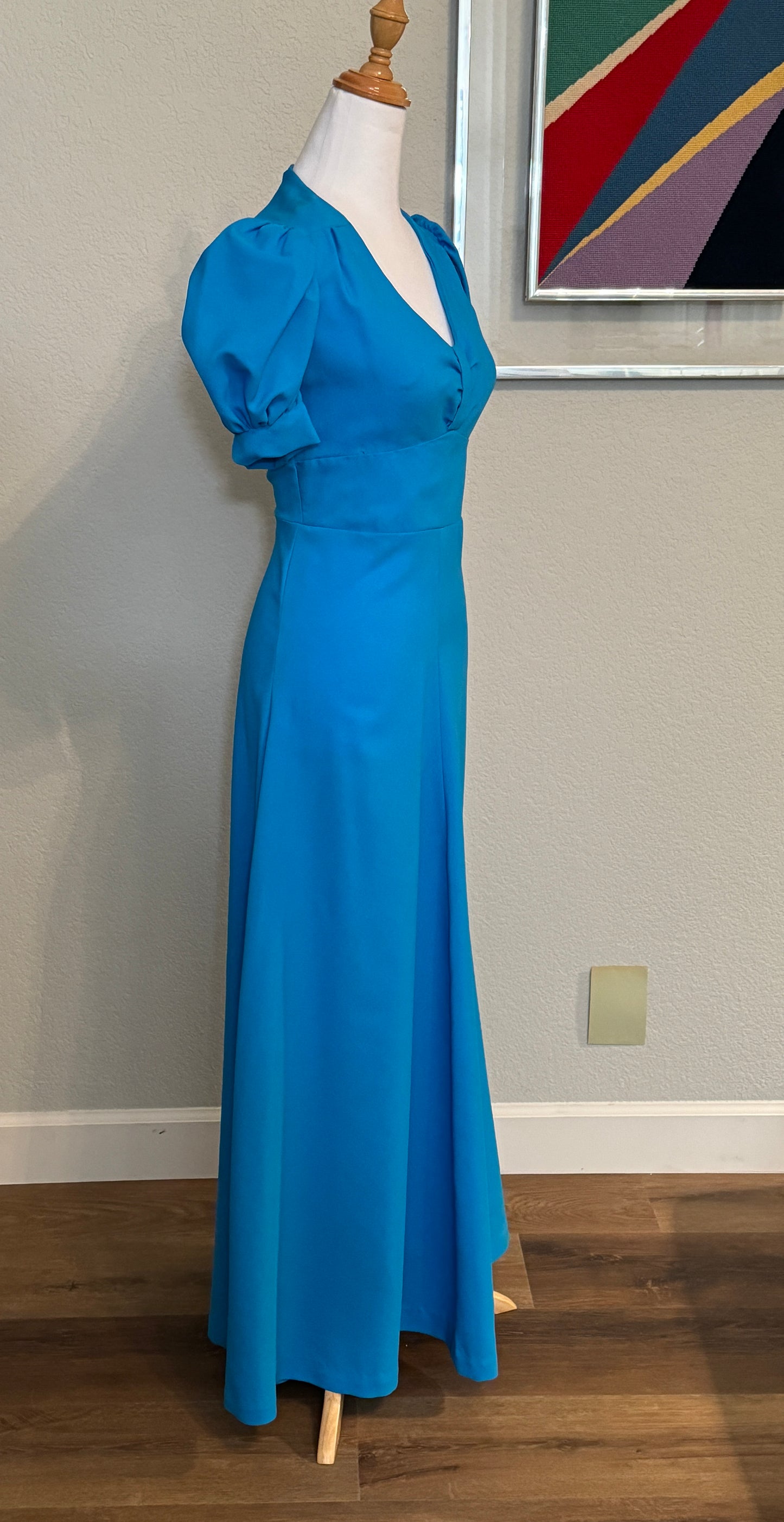 Turquoise Short Puffy Sleeve Dress with High Waist