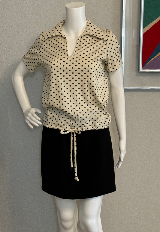 White and Black Polka Dot Short Sleeve Polyester V-Neck Blouse